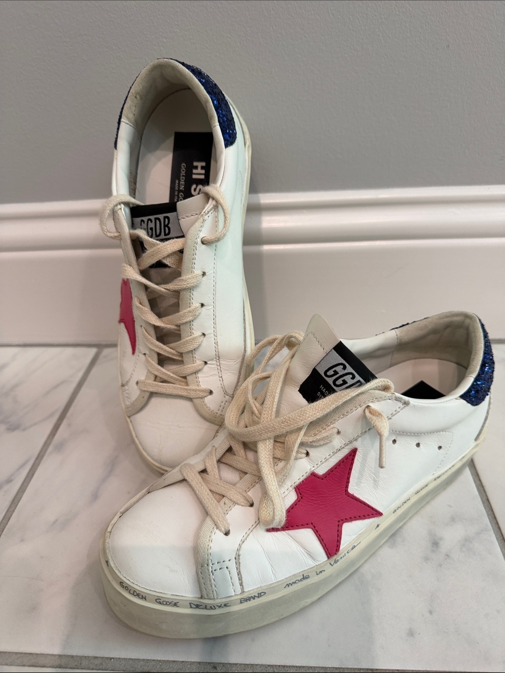 Golden Goose White Sneakers with Pink Star and Blue Glitter Heel Tab